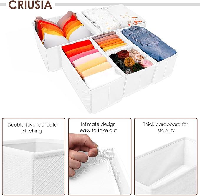 Criusia 6 Pack Clothes Drawer Organizer, Fabric Foldable Closet Dresser Drawer