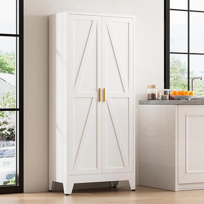 61" Tall Metal Pantry Cabinet, Kitchen Storage Cabinet with 2 Doors and 3 Adjustable Shelves for Kitchen, Living Room, Dining Room, Bathroom and Home, Office (White, 61" H)