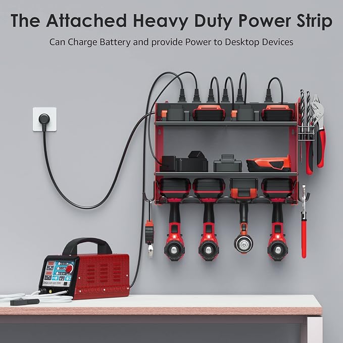 CCCEI Modular Power Tool Organizer Wall Mount with Charging Station. Garage Drill Storage Shelf with Hooks, Heavy Duty Rack, Tool Battery Holder Built in 8 Outlet. Gift for Men. Red, 1 Pack.