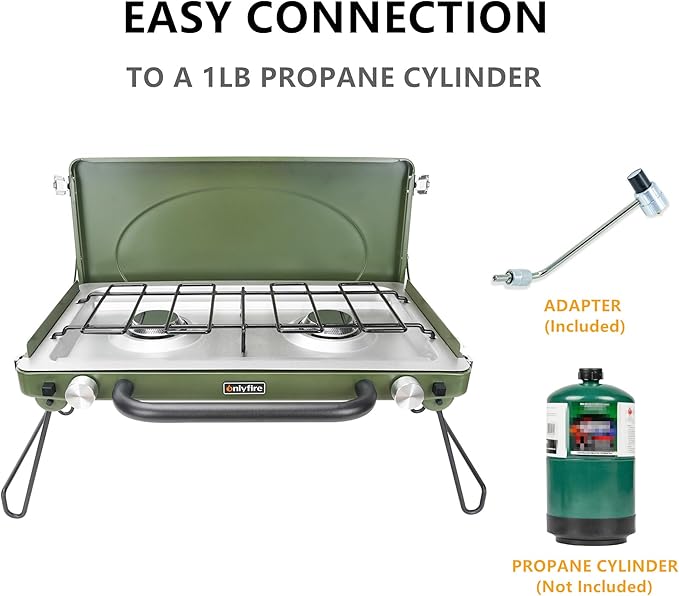 ONLYFIRE Portable Camping Stove 2-Burner, Propane Camp Stove with Foldable Legs, Camping Grill Stove with Adjustable Burners, Heavy-Duty Latch & Handle for Camping Tailgating RV BBQ, Green