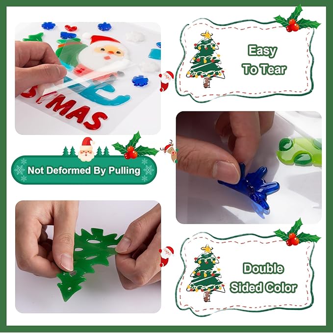 Christmas Window Clings Gel - 6 Sheets of Snowman, Blue Snowflakes, Penguin and Santa Claus, Winter & Holiday Designs for Glass Windows
