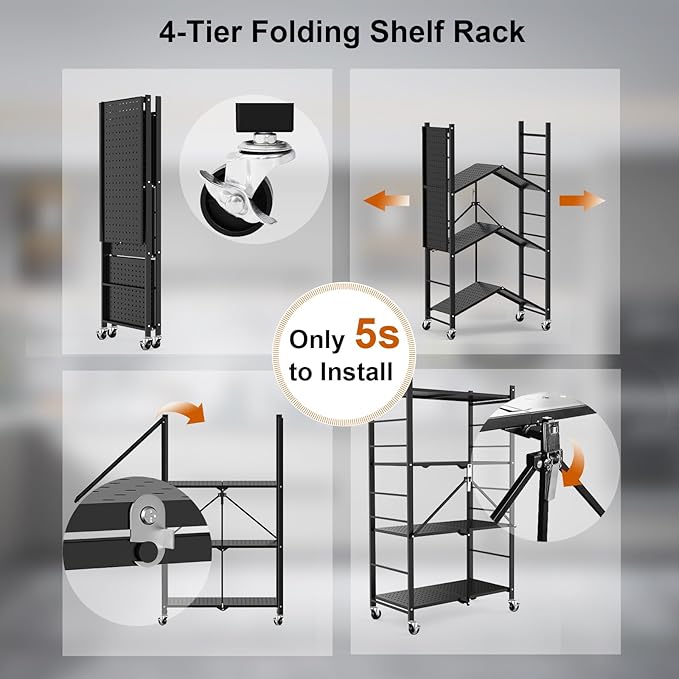 Himix Storage Shelves with 20 Hooks, 4-Tier Foldable Shelves