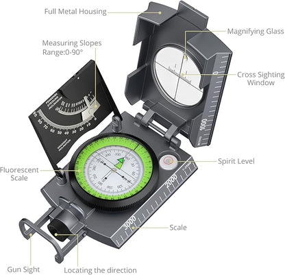 Compass Hiking Survival, IP65 Waterproof Metal Compass with Sighting Clinometer and Carry Bag, Multifunctional, Professional, for Camping Hunting Hiking Navigation