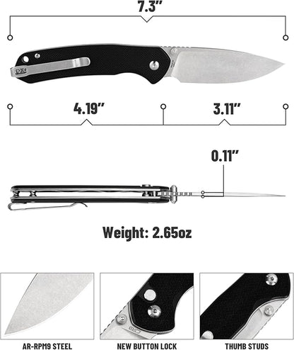 CJRB Folding Knife Pyrite (J1925) AR-RPM9 Blade and G10 Handle EDC Pocket Knife with Clip Black