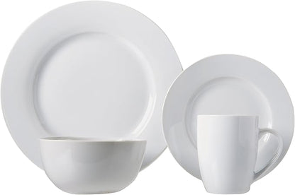 Amazon Basics 16-Piece Porcelain Kitchen Dinnerware Set with Plates, Bowls and Mugs, Service for 4 - White