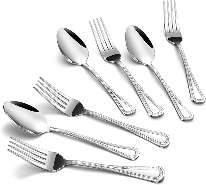 24 PCS Spoons and Forks Set, Food Grade Stainless Steel with Pearl Dot Design Handle Silverware Set, Mirror Polished Dishwasher Safe, Silverware Forks and Spoons for Home or Restaurant