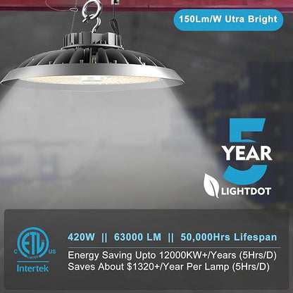 ACOHOOK 420W LED High Bay Light 5000K Daylight UFO Commercial Bay Light