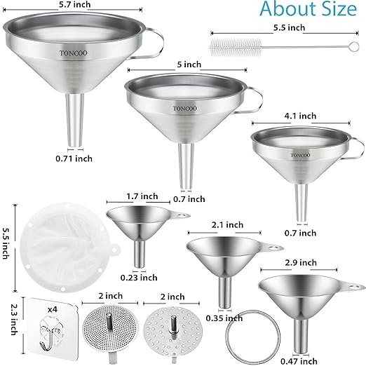 Toncoo 6 Pack Stainless Steel Funnels