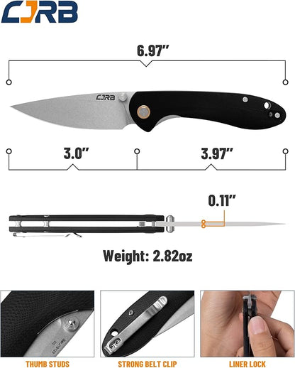 CJRB Feldspar Folding Knife - Stonewash D2 Steel Blade, G10 Tactical Handle, EDC Pocket Knife, Black Handle (J1912)