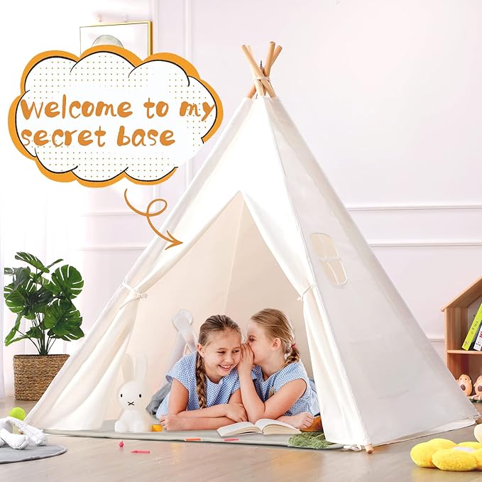 Sumbababy Kids Teepee Tent - Natural Canvas Playhouse with Fringe, Washable Fabric, Tipi Sleepover Tent, Includes Carry Bag, Lights & Colorful Flags - Perfect for Indoor & Outdoor Fun