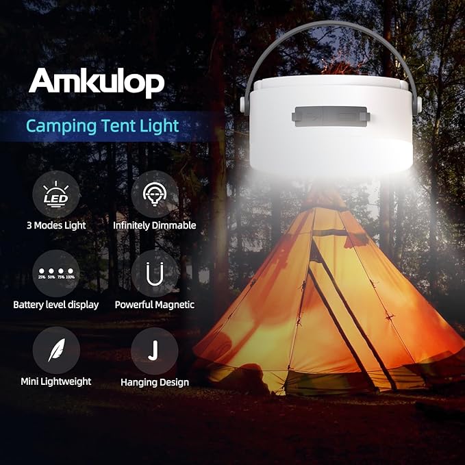 Hanging Camping Tent Light with Stepless Dimming & Magnetic Base, USB-C Rechargeable LED Lantern for Outdoor Glamping, Emergencies, Indoor Outages (Portable,Waterproof)