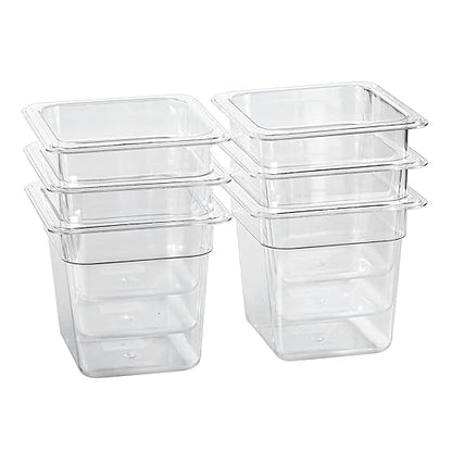 1/6 Size Food Containers 6 Pack 6 Inch Deep Pan Clear BPA free Polycarbonate Stackable Commercial Hotel Pan for Kitchen Business and Food Serving