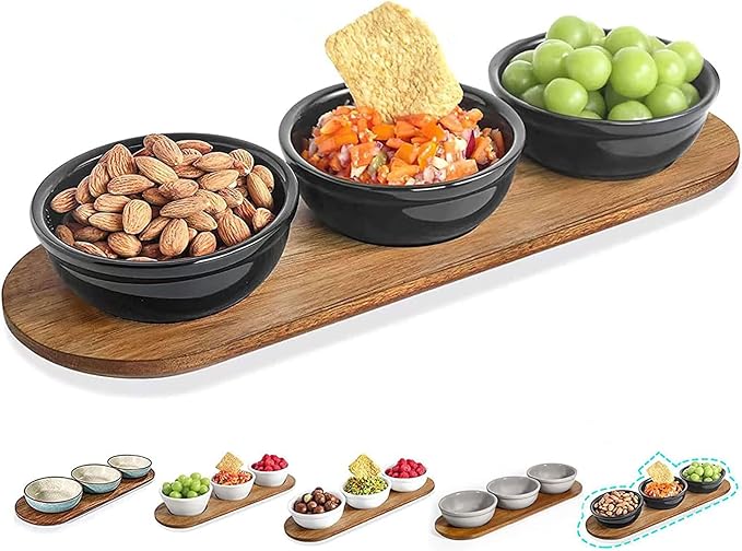 Artena 12 oz Solid Ceramic Chip and Dip Serving Set with Acacia Wooden Tray, 5-inch Black Dipping Bowls, Small Serving Bowls for Side Dishes, Salsa, Appetizer, Serving Dishes for Entertaining