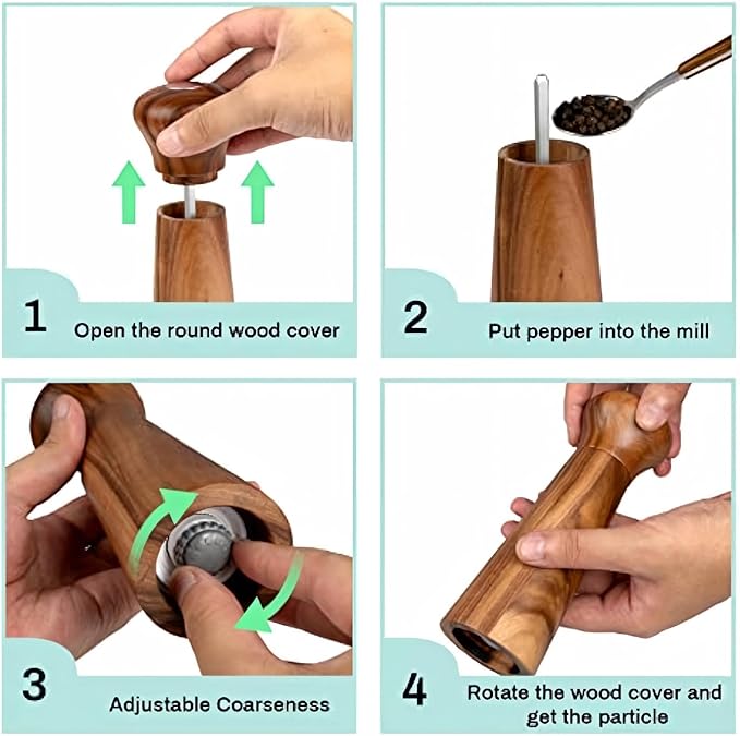 Wooden Pepper Grinder, Refillable Pepper Mill, Adjustable Pepper Shaker