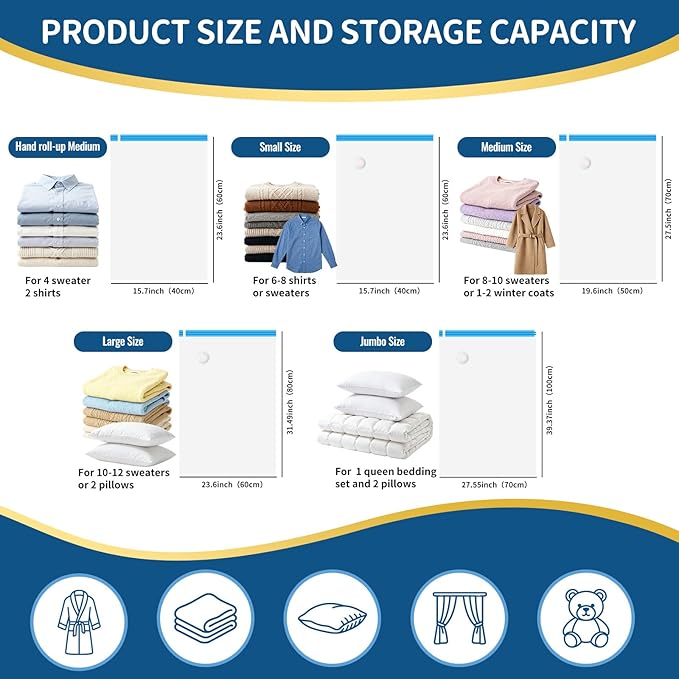 Vacuum Storage Bags for Clothing Travel,12 Pack Vacuum Bags with Pump,Space Saver Bag for Clothes Travel & Home(2 Roll Up Bags,3 Small,3 Medium,2 Large,2 Jumbo)