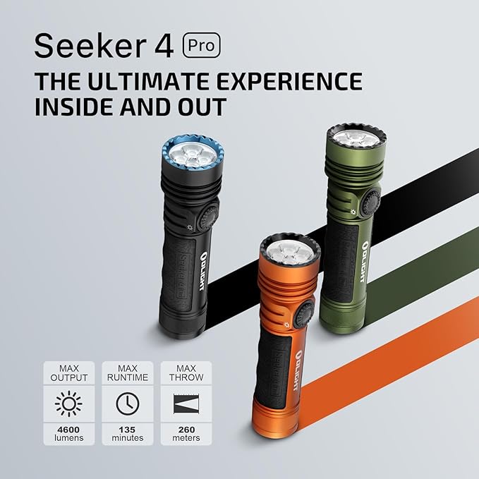 OLIGHT Seeker 4 Pro Rechargeable Flashlights, 4600 Lumens High Powerful Bright Light with USB C Holster, Waterproof IPX8 for Emergencies, Camping, Searching (Matte Black Cool White)