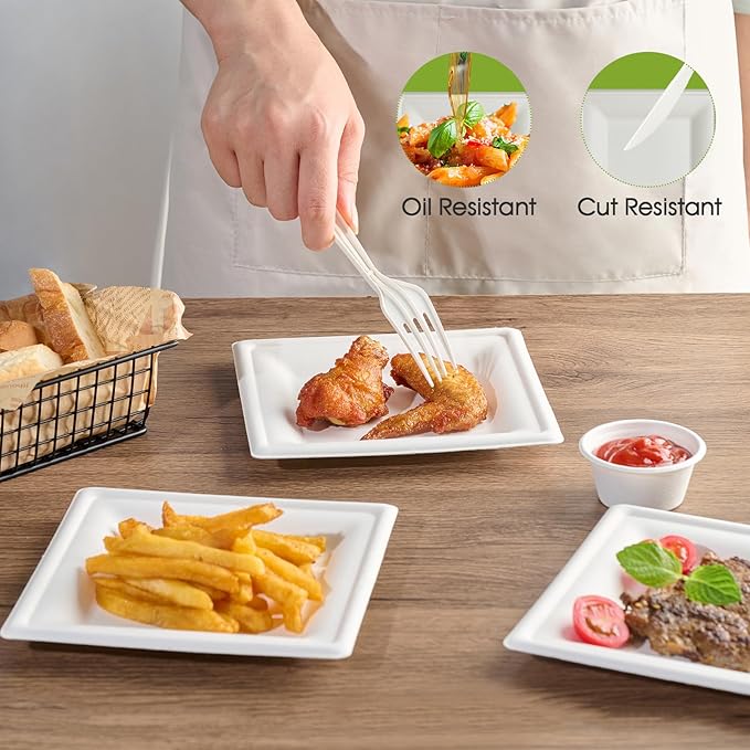 ECOLipak 6 Inch Compostable Square Paper Plates, 300 Count Heavy Duty White Small Paper Appetizer Plates, Disposable Biodegradable for Dessert Daily meals, Dinner, Parties, BBQ