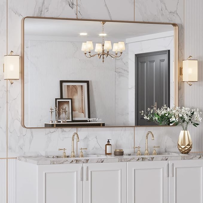 LOAAO 48”X30” Gold Bathroom Mirror, Rounded Rectangle Gold Frame Mirror