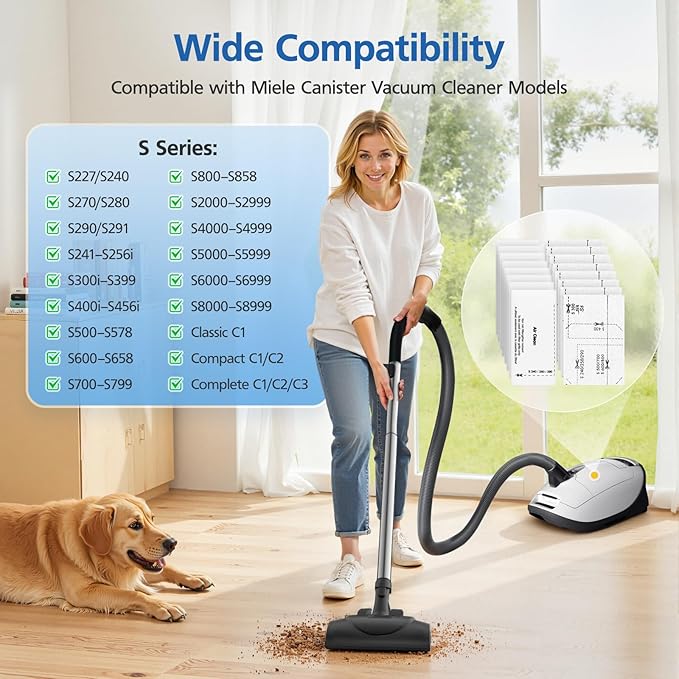 8 Pack AirClean Filters & Motor Protection Filters Compatible with Miele Classic C1, Compact C1/C2, Complete C1/C2/C3, and S Series S241,S227,S240,S270,S290,S300i,S400,S500,S700,S2,S4,S5,S6,S8 Vacuums