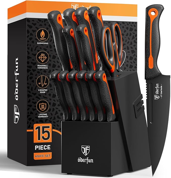 Knife Block Set -15 PCS Dishwasher Safe Kitchen Knife Set, High Carbon