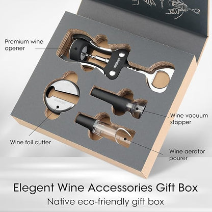 Beneno Multifunctional Wine Bottle Opener Gift Set - Wing Corkscrew, Foil Cutter, Vacuum Stopper & Aerator Pourer, Perfect for Wine Lovers Man Woman, Black Set