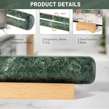 Marble French Rolling Pin for Baking, 12 Inch Non Stick Polished Rolling Pin