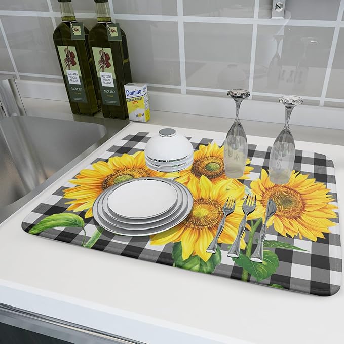 Sunflower Dish Drying Mat for Kitchen Counter Black White Buffalo Plaid