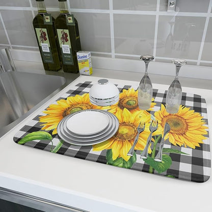 Sunflower Dish Drying Mat for Kitchen Counter Black White Buffalo Plaid