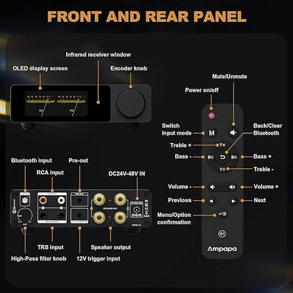 Ampapa 2 Channel Bluetooth Amp: HiFi 300W x2 Stereo Amplifier