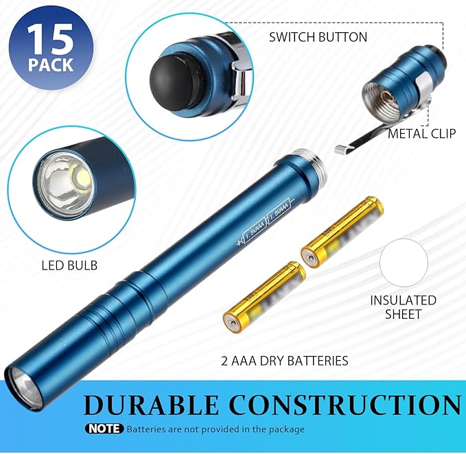 15 Pack Mini Pen Flashlights Bulk LED Pen Lights Aluminum Pocket Flashlights with Clips Small Handheld Torches Gifts for Camping Hiking Emergency Outdoor (Blue)