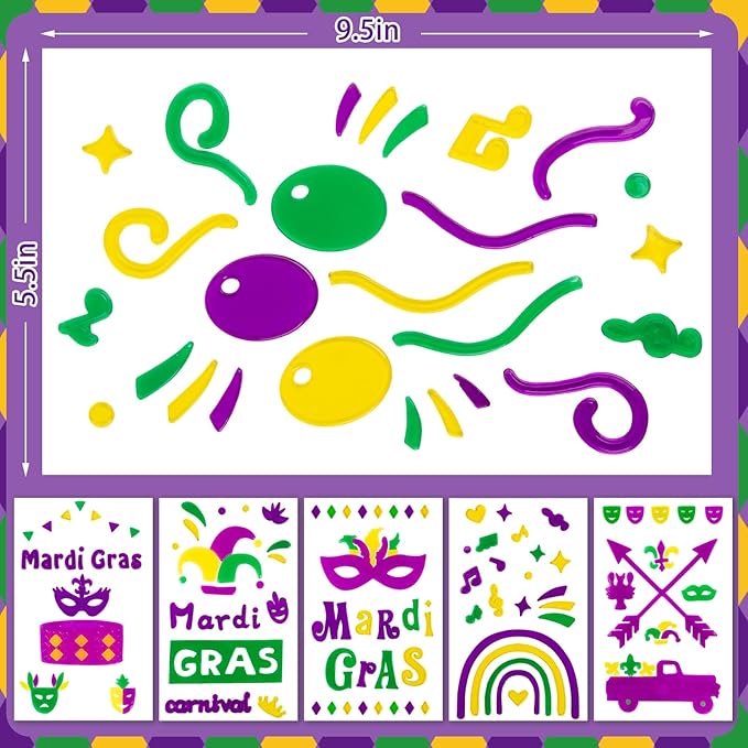 Mardi Gras Decorations - Window Gel Clings, Mask, Balloons, Clown Clings for Glass Windows, Party Decorations