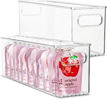 Plastic Food Storage 2 Pack Clear Container Bin with Handles for Organizing Kitchen, Pantry, Refrigerator, Freezer, Pantry, Cabinet, Closet, Bathroom. 14”x4”x5”