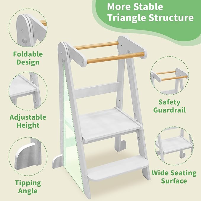 Foldable Toddler Tower 95% Preassembled Kitchen Stool Helper Folding Step Stool for Kids Montessori Toddler Standing Tower with 3 Adjustable Height Helper Tower for Kitchen Counter Sink White