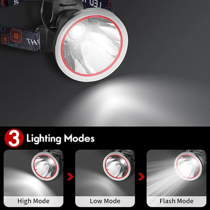 High Power Rechargeable LED Headlamp,IPX4 Waterproof Head Light with Charger,Super Long Lasting Hunting Lamp for Running,Fishing,Camping,Outdoor,Storm Power Outage（White Light）