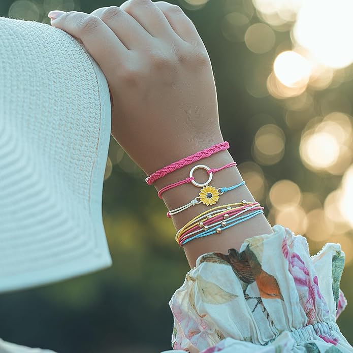 FANCY SHINY Sunflower String Bracelet Boho Braided Rope Wrap Bracelets Cute Summer Beach Surfer Jewelry for Women Christmas Gifts
