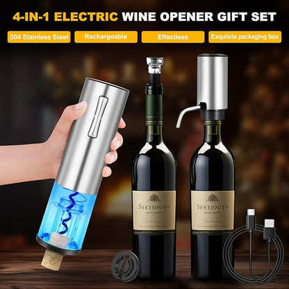 Electric Wine Opener with Electric Decanter and Aerator, Rechargeable Electric Wine Bottle Opener, Stainless Steel Wine Accessories with Foil Cutter, Electric Aerator, Vaccum Stopper