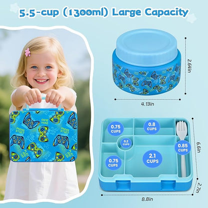 Bento Lunch Box Kids and 9oz Soup Thermos – 5.5-Cup Leakproof Kids Bento Box with Ice Pack & 9oz Insulated Food Jar – Hot & Cold Food Lunch Container for Boy Girl School, Blue Set