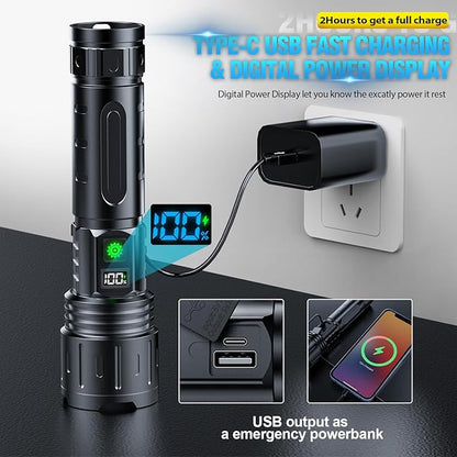 Flashlights 2000 High Lumens Rechargeable - 1500 Meters Long Beam Super Bright LED Flash Light with Power Display & IPX5 Waterproof for Camping, 20H Runtime,5 Modes,Zoomable with Belt Holsters