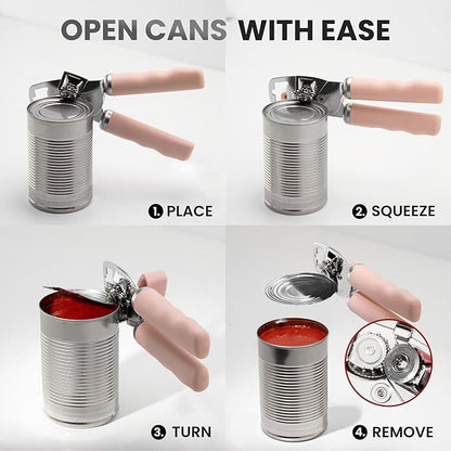 Zulay Kitchen Heavy Duty Stainless Steel Can Opener Manual with Bottle Opener - Rust Proof Manual Can Opener With Turn Knob & Comfy Soft Grip Handles - Peach