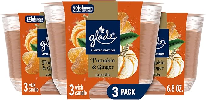 Glade 3-Wick Scented Candle Jar, Pumpkin & Ginger, Air Freshener Infused with Essential Oils, 6.8 Oz, 3 Count