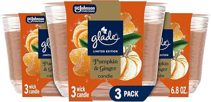 Glade 3-Wick Scented Candle Jar, Pumpkin & Ginger, Air Freshener Infused with Essential Oils, 6.8 Oz, 3 Count