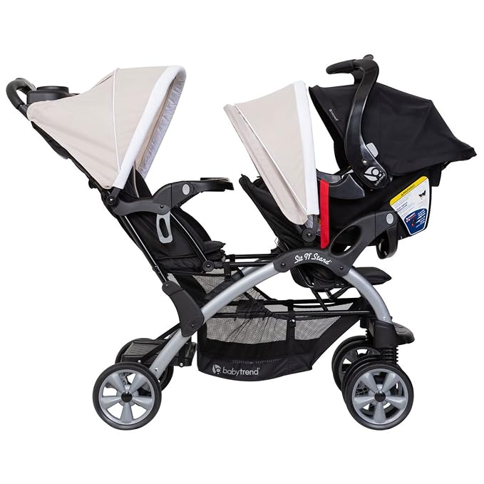 Baby Trend Infant and Toddler Double Stroller & Car Seat Combo, 2 Pc Set, Khaki - Portable and Lightweight Stroller Duo and Car Seat Travel System Tandem