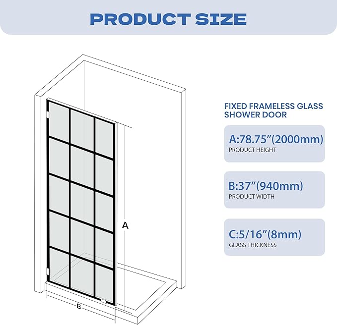 Bathroom Shower Door 37" W x 78.75" H, Frameless Fixed 3/8" Thick Clear