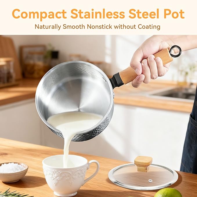 WANGYUANJI 1.8-Quart Stainless Steel Saucepan with Lid, Coating-Free Small Soup Pot, Hammered Finish, Induction Compatible, Tempered Glass Lid, Cool-Touch Wood Handle
