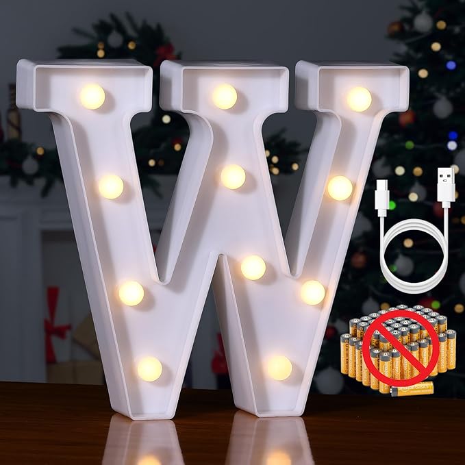 Foaky Rechargeable LED Letter Lights Sign Marquee Light Up Letters Sign for Night Light Wedding/Birthday Party Christmas Lamp Home Bar Decoration (W)