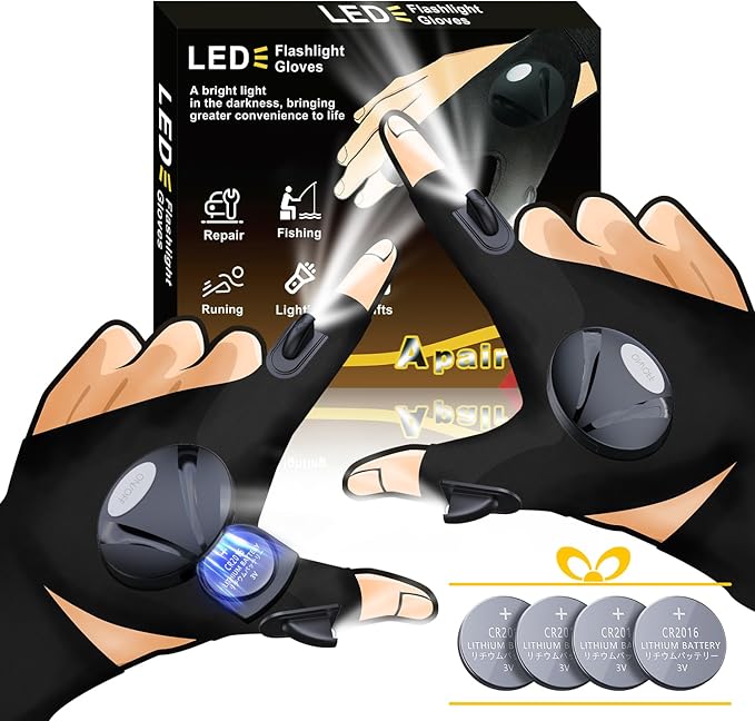 LED Flashlight Gloves, Unique Gift for Men Dad Father Husband Birthday Stuff, Cool Stretchy Fingerless Light Gloves Gadget for Repairing Electrician Mechanic DIY Handmade, 1 Pair