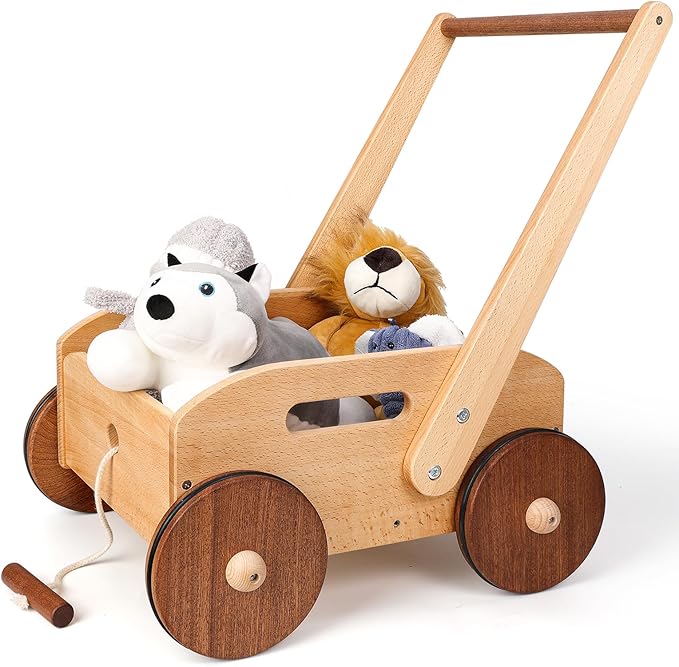 Woodtoe Wooden Baby Walker, Adjustable Speed Baby Push Walker, Montessori Push Toys for Babies Learning to Walk, Educational Walking Toys Gift for Toddler Boys Girls 1 2 3 Years Old