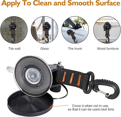 CONBOLA Suction Cups Hooks 4 Pieces Outdoor Car Camping Essentials Heavy Duty Upgraded Tie Down Suction Cup,Camper Accessories Strong Power for RV Boat Window Glass Camping Trap.(4 pcs,Orange)
