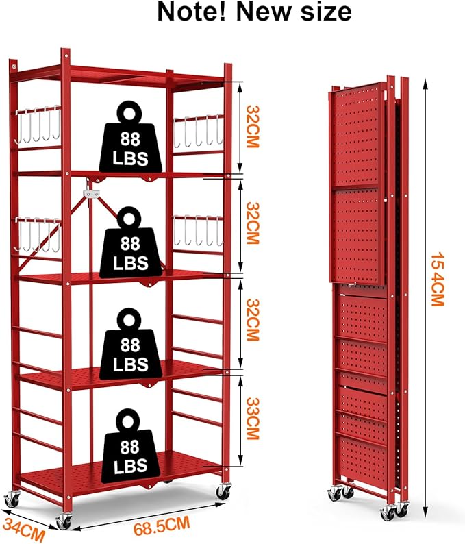 Storage Shelves with 20 Hooks, 5-Tier Foldable Shelves