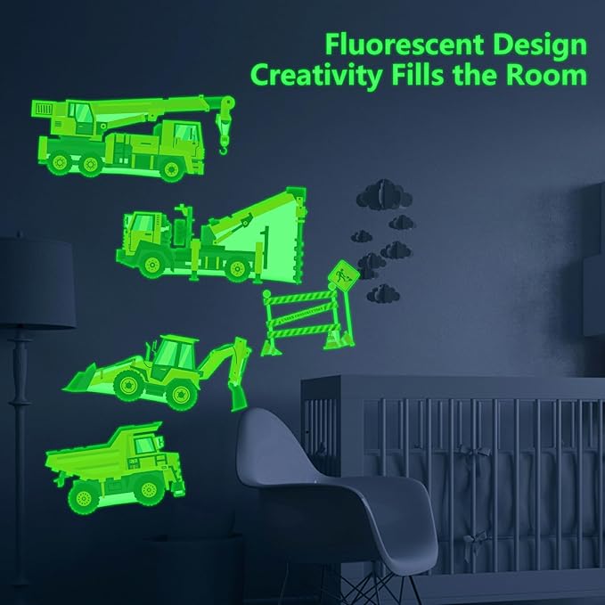 Glow in The Dark Construction Stickers, 23 PCS Glowing Luminous Truck Excavator Tractor Wall Decals Vehicle Truck Ceiling Stickers for Kids Boys Girls Bedroom Nursery Playroom Party Room Decor